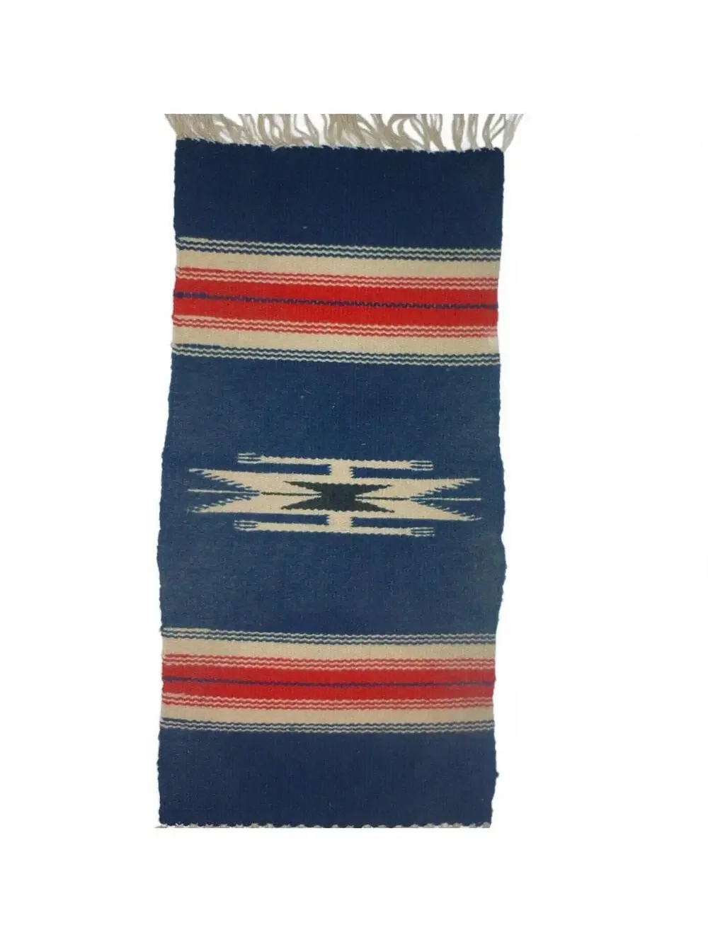 Ortega's Chimayo Native Handwoven Blue and Red Runner Small Rug Tagged